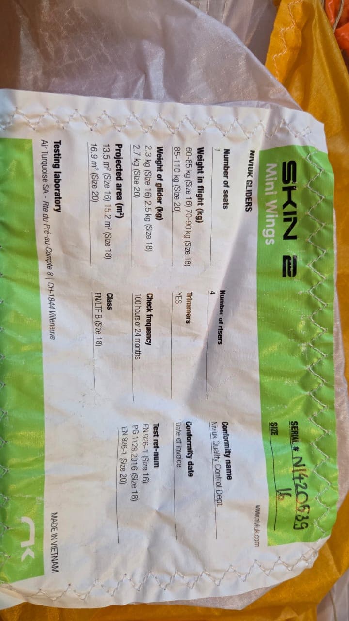 Vela Mini Wing Niviuk Skin 2 16 Monocapa 60-85kg